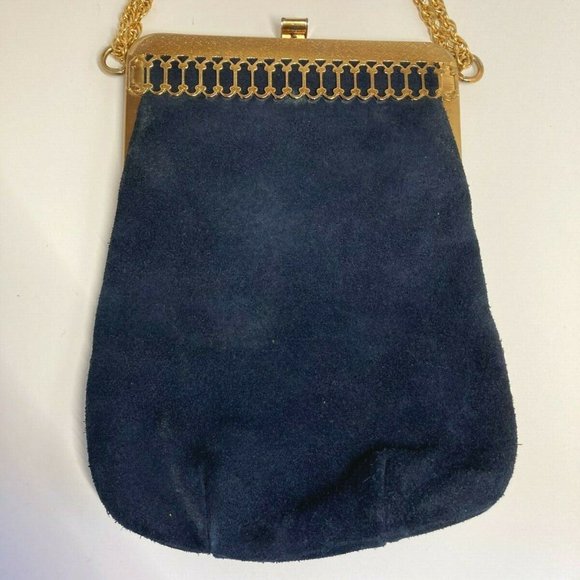 👜 Triangle New York Vintage Blue Suede Gold Tone - Picture 2 of 12